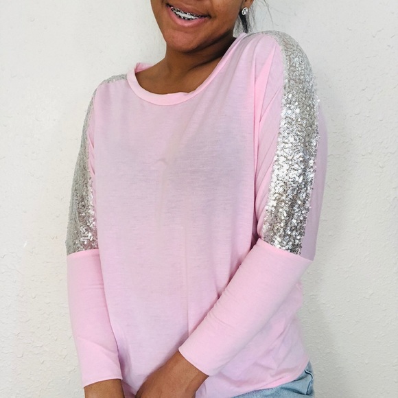 Tops - Pink batwing sequined soft top shirt S